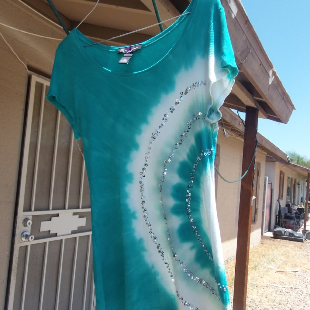 Y2K Teal Tie-Dye slim fit Embellished Short Sleeve Top